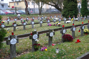 Friedhof mit zahlreichen Gräbern geschmückt mit Blumen und Kerzen, umgeben von Gras, trockenen Blättern, Pflanzen, Bäumen und einem Zaun, mit Fahrzeugen, Gebäuden und Himmel im Hintergrund.