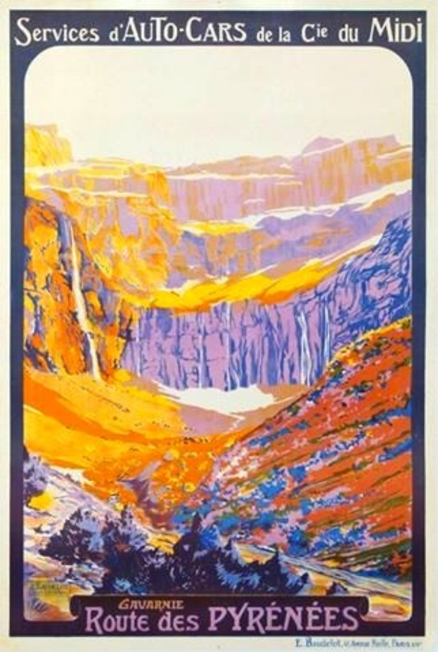Plakat für eine Autowerkstatt in den Pyrenäen, Frankreich, mit einer Landschaft aus Hügeln unter einem klaren blauen Himmel und Text mit Informationen über den Service.