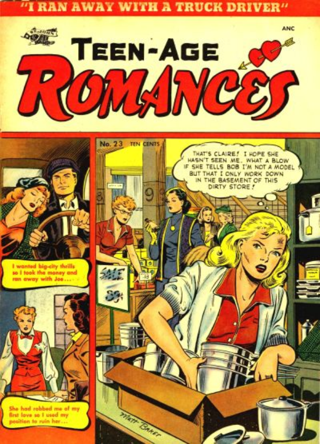 Ein Plakat, das eine Gruppe von Menschen in einer romantischen Umarmung zeigt, die lächeln und sich in die Augen schauen, mit der Aufschrift "Teen-Age Romances 23-A by DC" in fetter Schrift darüber.