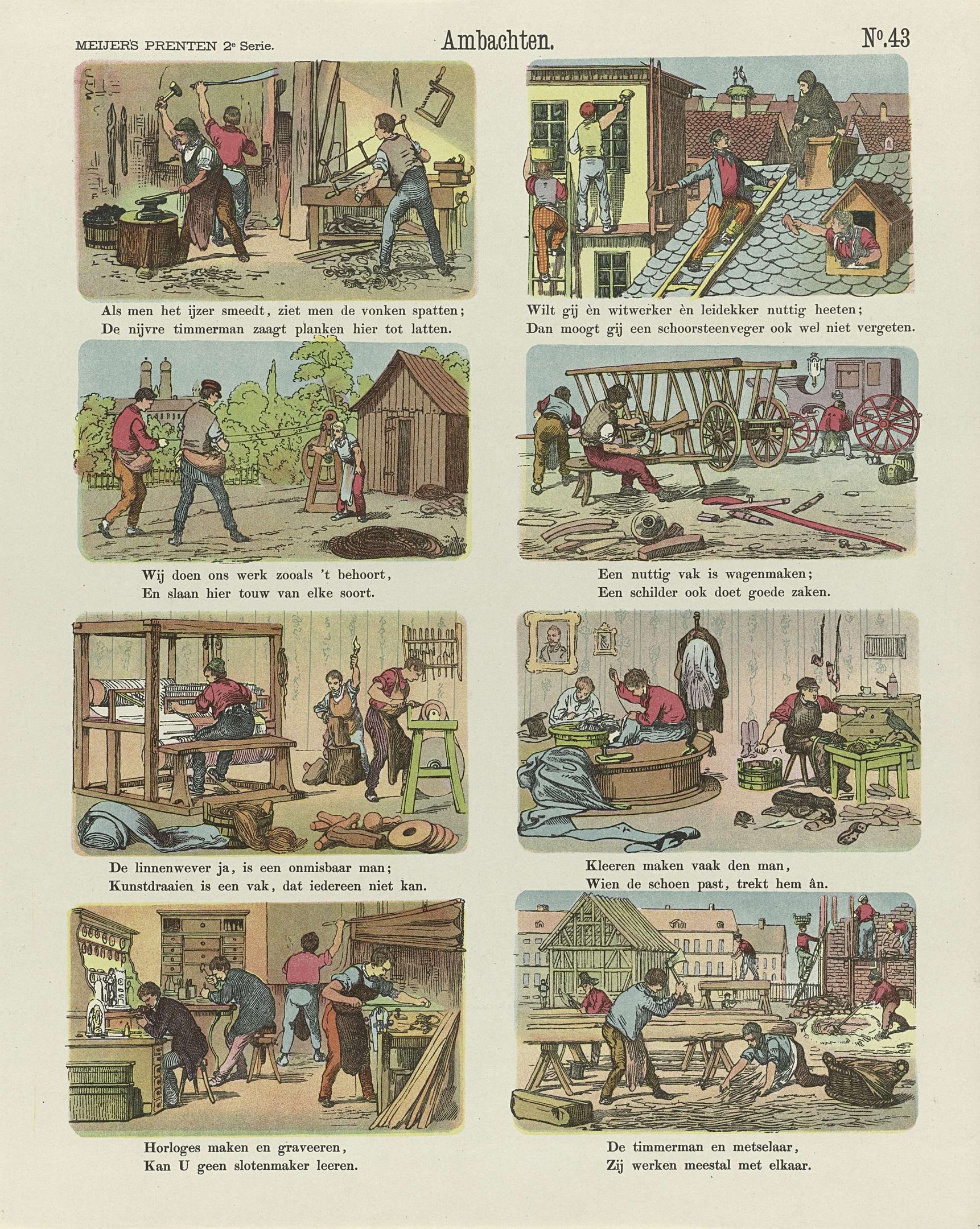 Eine Schwarz-Weiß-Illustration eines alten Buches mit mehreren Fotos von Menschen in einer Schreinerwerkstatt, mit sichtbarem Text und Zahlen auf den Seiten.