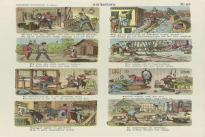 Eine Schwarz-Weiß-Illustration eines alten Buches mit mehreren Fotos von Menschen in einer Schreinerwerkstatt, mit sichtbarem Text und Zahlen auf den Seiten.