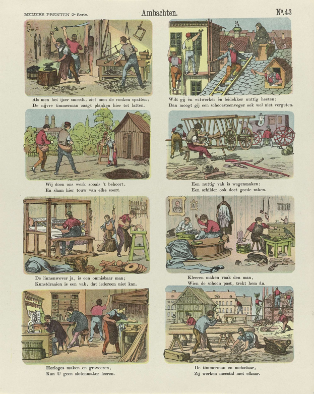 Eine Schwarz-Weiß-Illustration eines alten Buches mit mehreren Fotos von Menschen in einer Schreinerwerkstatt, mit sichtbarem Text und Zahlen auf den Seiten.