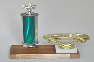 Ein Pokal mit einem glänzenden, detailreichen Modellauto auf einer hellen Holzplatte.