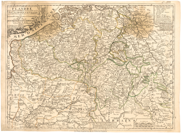 Alte Karte des Königreichs Frankreich und Deutschland mit sichtbaren Grenzen, auf Papier gedruckt und mit erklärendem Text.