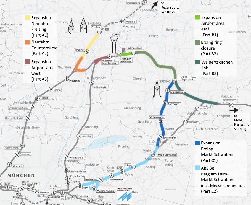 Eine detaillierte Karte einer Stadt mit einer hervorgehobenen Bahnroute von München nach Frankfurt, einschließlich Haltepunkte und Umgebung, sowie zusätzlicher Bahninformationen.