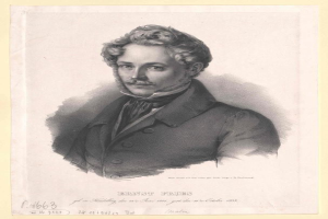 Schwarz-weiß-Porträt von Ernst Frühls, einem deutschen Komponist und Pianisten, der einen Anzug trägt und einen Schnurrbart hat sowie einen ernsten Gesichtsausdruck hat, mit deutschem Text unten.