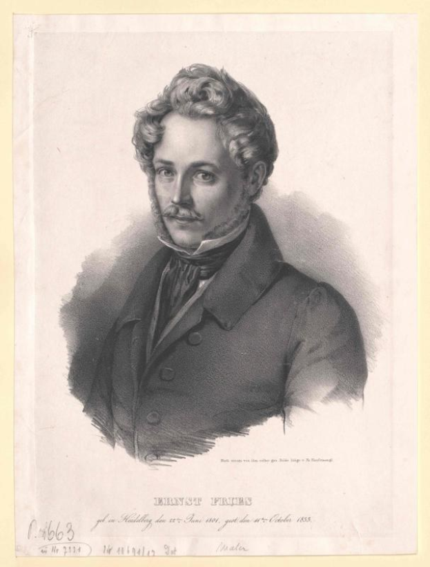 Schwarz-weiß-Porträt von Ernst Frühls, einem deutschen Komponist und Pianisten, der einen Anzug trägt und einen Schnurrbart hat sowie einen ernsten Gesichtsausdruck hat, mit deutschem Text unten.