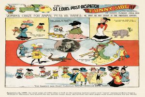 Eine Zeitungsseite voller farbenfroher, humorvoller Cartoons von Menschen, Tieren und Gegenständen, begleitet von unterhaltsamem Text aus der St. Louis Post-Dispatch Funny Side.