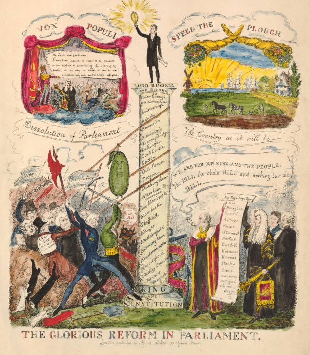 Ein farbenfrohes illustriertes Dokument mit der Überschrift "Die glorreichen Reform im Parlament", das mutige Schriftarten und verschiedene lächelnde Menschen zeigt, symbolisiert Hoffnung und Fortschritt.
