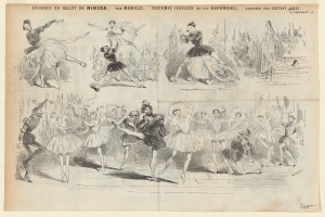 Eine Buchseite mit einer lebendigen Zeichnung einer Gruppe von Menschen, die im Einklang tanzen, mit begleitendem Text, der das Datum, die Uhrzeit und den Ort des Ereignisses beschreibt.