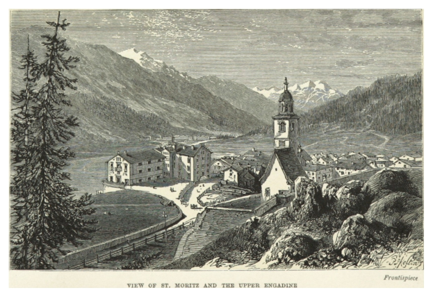 Luftaufnahme von St. Moritz und der Oberengadiner Region mit Gebäuden, Bäumen und Bergen im Hintergrund sowie Text unten.