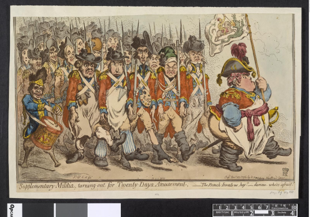 Gruppe von Männern in Militäruniformen marschiert auf einer Straße, einer hält einen Stock in der Hand, mit dem Text 'Ergänzender Militärdienst, Ausmarsch für Zwanzig-Tage-Vergnügen' unten.