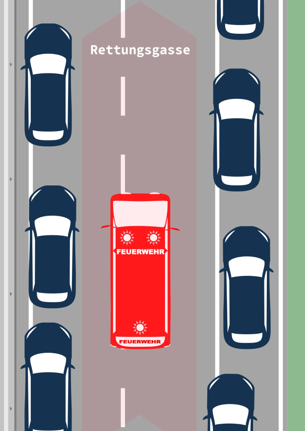 Roter Wagen mit "Rettungsgasse"-Warnung auf dem Dach fährt durch den Verkehr.