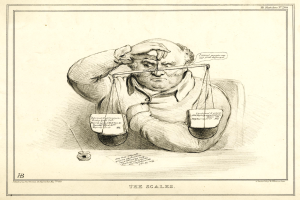 Ein Anwalt im Anzug sitzt an einem Tisch mit einer Waage vor ihm, der er Dokumente mit Text und Zahlen durchsieht.