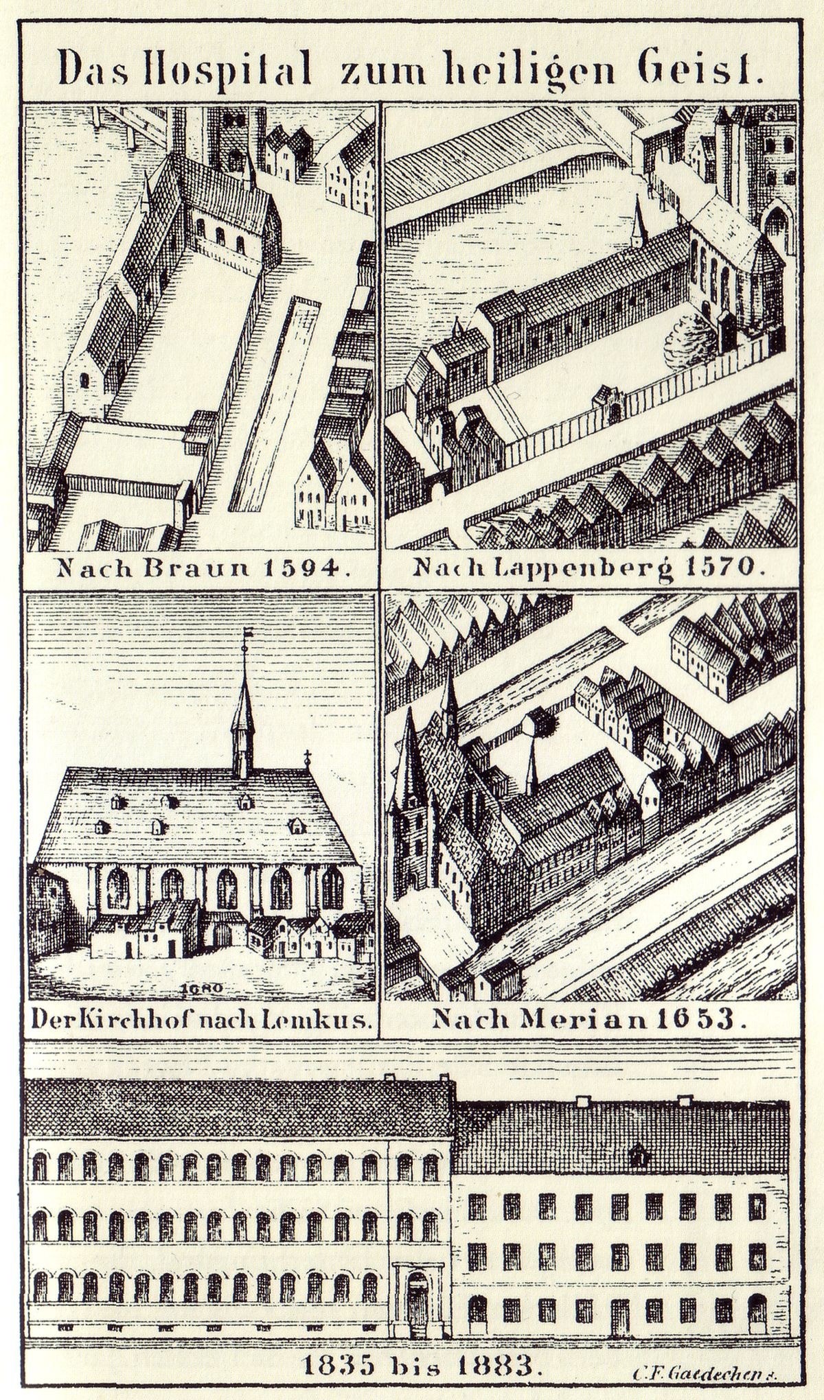 Detailreiche Abbildung eines deutschen Krankenhausgebäudes auf einem Plakat, mit sichtbaren Fenstern, Türen und Balkonen, begleitet von Text, der die Merkmale des Krankenhauses beschreibt.