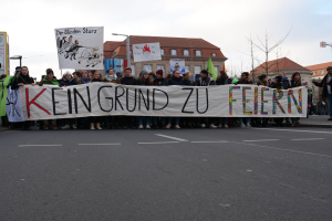 Demonstranten halten ein Transparent mit der Aufschrift "Kein Grund zu Feiern" gegen die deutschen Sparmaßnahmen, mit Gebäuden, Bäumen und einem klaren Himmel im Hintergrund.