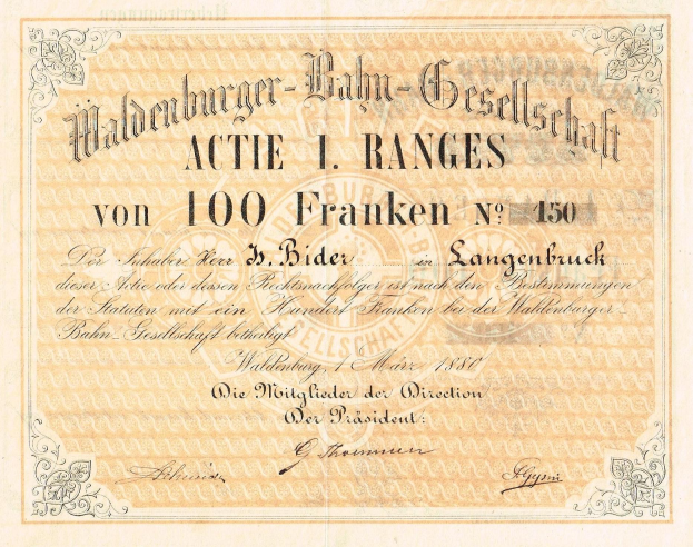Alte deutsche Banknote mit Porträt eines Mannes und Text 'Haldenburger-Balm Gesellschaft Actie 1 Ranges'