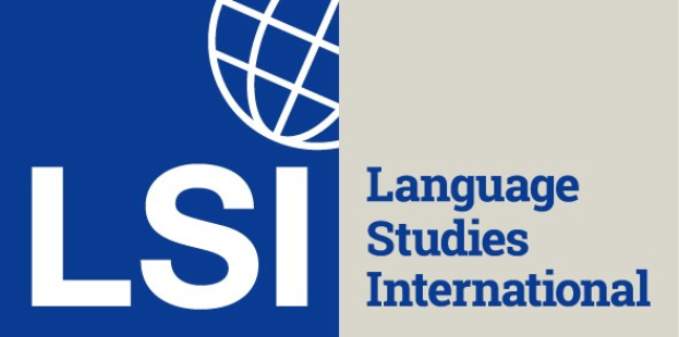 Blauer Kreis mit weißer Umrandung und weißer 'LSI'-Text, darunter weißer 'Language Studies International'-Text auf blau-weißem Hintergrund.
