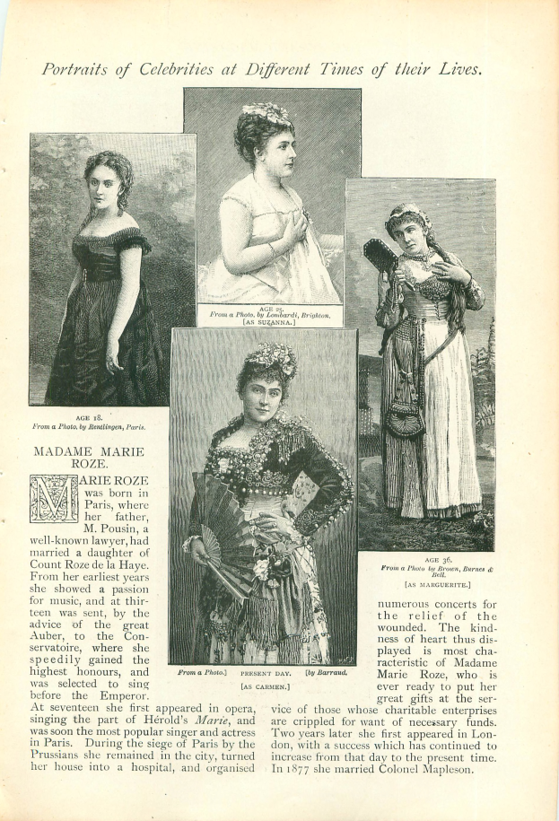 Ein altes Buch mit dem Titel 'Portr├Ąts von Prominenten zu verschiedenen Zeiten ihres Lebens' zeigt eine Frau in einem langen, wallenden Kleid mit hohem Ausschnitt und langen ├Ąrmeln, das Haar zur├╝ckgebunden und ein sanftes Aussehen.