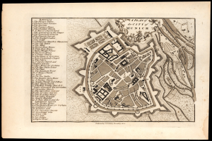 Detaillierte alte Karte von München, Deutschland, mit Straßen, Gebäuden und Sehenswürdigkeiten auf einem schwarzen Hintergrund, begleitet von Textbeschriftungen.