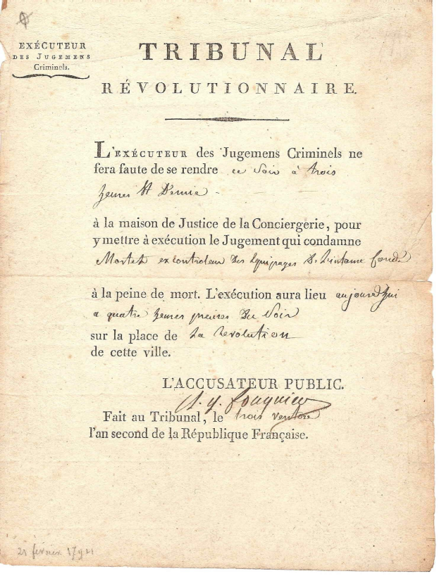 Altes französisches Rechtsdokument mit der Bezeichnung 'Tribunal Révolutionnaire', das Hinrichtungsurteile enthält, mit gelbem Papier und kursiver Schrift.