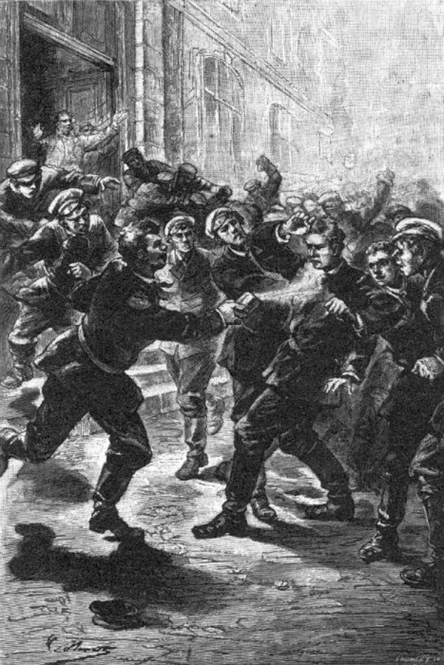 Schwarze und weiße Illustration einer Straßenprügelei zwischen einer Gruppe von Männern, mit einem Gebäude im Hintergrund und Text, der unten 'Victorian riots in London, England' lautet.