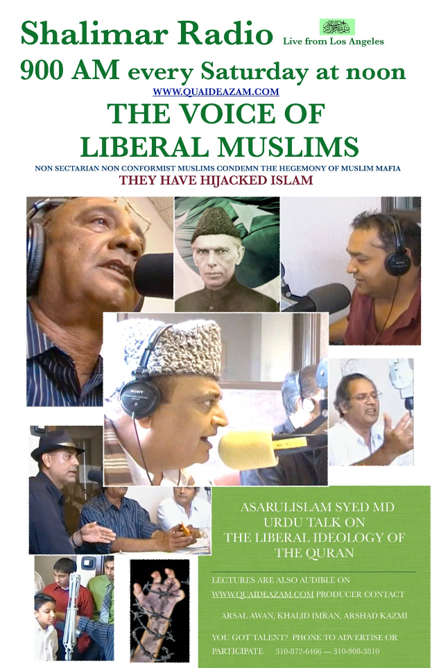 Plakat, das eine Radioshow mit dem Titel "Die Stimme der liberalen Muslime" ankündigt, zeigt Bilder von Menschen mit Kopfhörern und Mikrofonen in einem Gespräch.