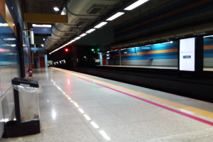 Eine U-Bahn-Station mit einem Zug auf den Schienen, eine Plattform mit einem Müllbehälter, einem Feuerlöscher, Texttafeln, Lampen, Rohren und anderen Gegenständen.