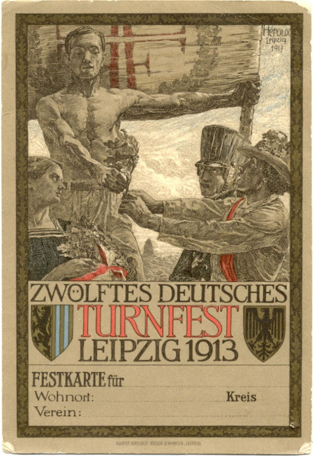 Plakat für das Zwölfte Deutsche Turnfest Leipzig 1913, das eine zentrale Personengruppe und Text mit Veranstaltungshinweisen zeigt.