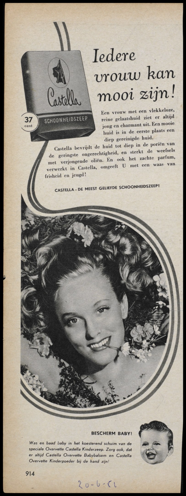 Frau lächelt beim Halten einer Castella-Seife, mit Werbetext im Hintergrund.