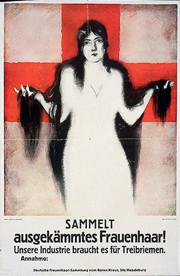 Deutsches Propagandaplakat mit einer Frau mit langen Haaren und Text.