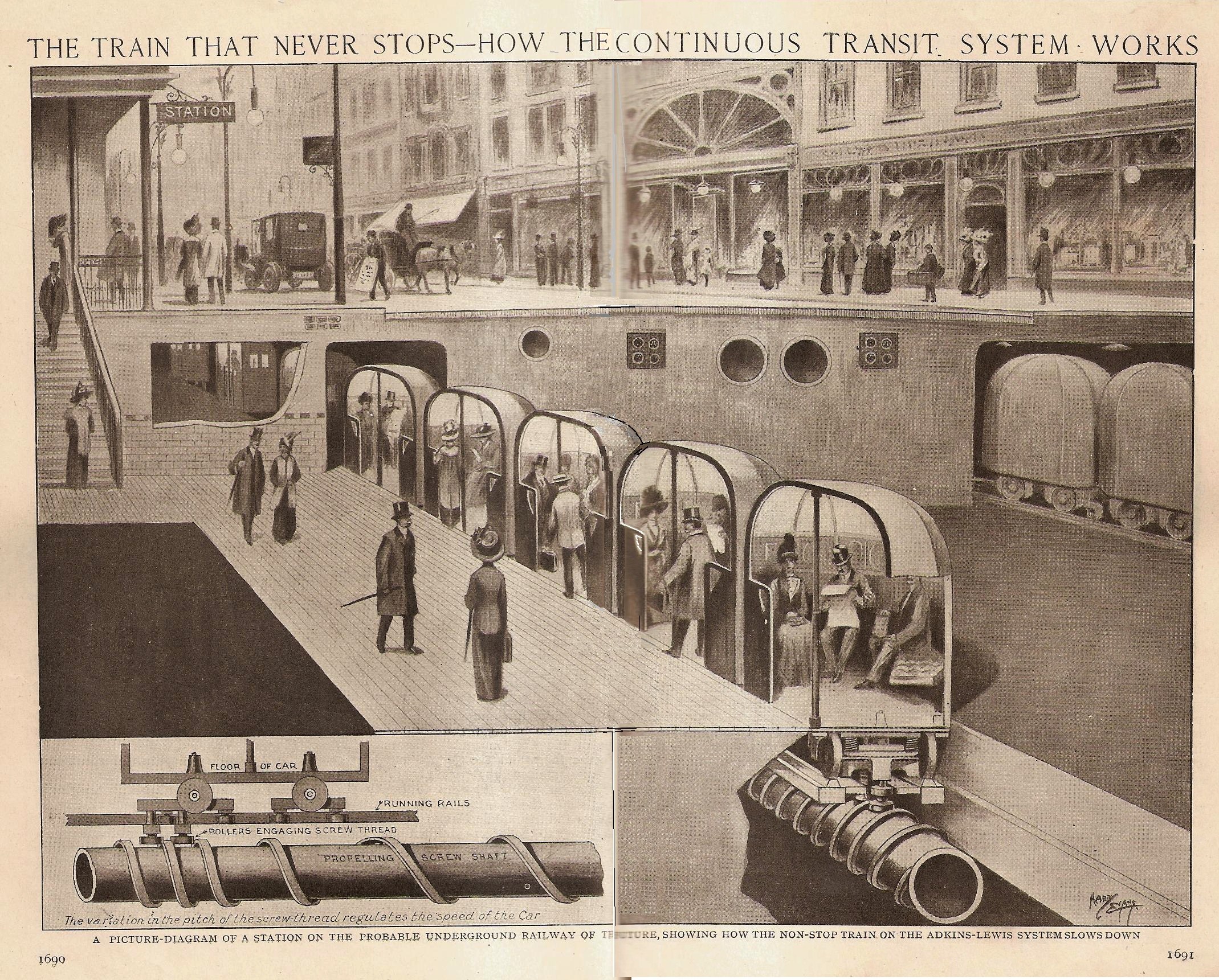 Ein Blatt Papier mit Bildern von Menschen, Zügen und anderen Gegenständen sowie dem Text "Der Zug, der nie aufhört - wie das kontinuierliche Transportsystem funktioniert".