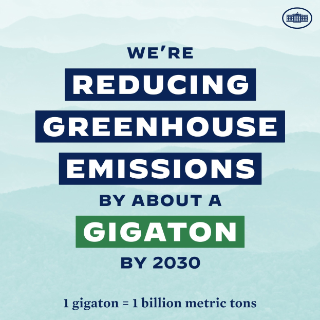 Plakat mit Text und Logo, das "Wir reduzieren die Treibhausgasemissionen um etwa eine Gigatonne bis 2030", um eine signifikante Reduzierung der Treibhausgase bis 2030 zu fördern.