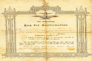 Ein 1913 von der deutschen Regierung ausgestelltes Zertifikat mit einer Abbildung eines Vogels, umgeben von kunstvollen Designs und Text.