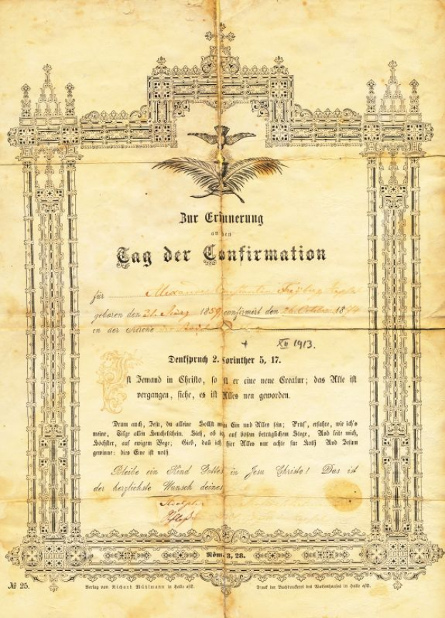 Ein 1913 von der deutschen Regierung ausgestelltes Zertifikat mit einer Abbildung eines Vogels, umgeben von kunstvollen Designs und Text.