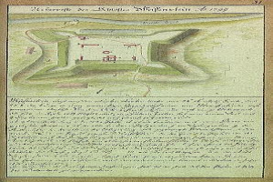 Ein alter Stadtplan von Stuttgart, Deutschland, mit einer zentralen Illustration einer Burg und beschreibendem Text über ihre Gröüe, Lage und Merkmale.