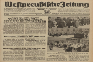 Titelblatt einer deutschen Zeitung vom 13. November 1939, betitelt "Weitpreubliche Zeitung", das eine Gruppe von Menschen in traditioneller deutscher Kleidung in einer feierlichen Umgebung zeigt.