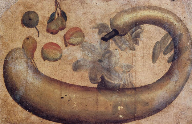 Ein leuchtendes Gemälde einer Banane mit einer Blume darauf, umgeben von verschiedenen Früchten und Blättern auf einem Stück Papier.