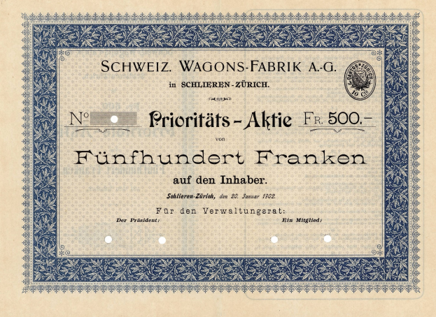 Ein altes deutsches Wertpapier mit blauer Einfassung und der Aufschrift "Schweiz Wagons-Fabrik A.G."