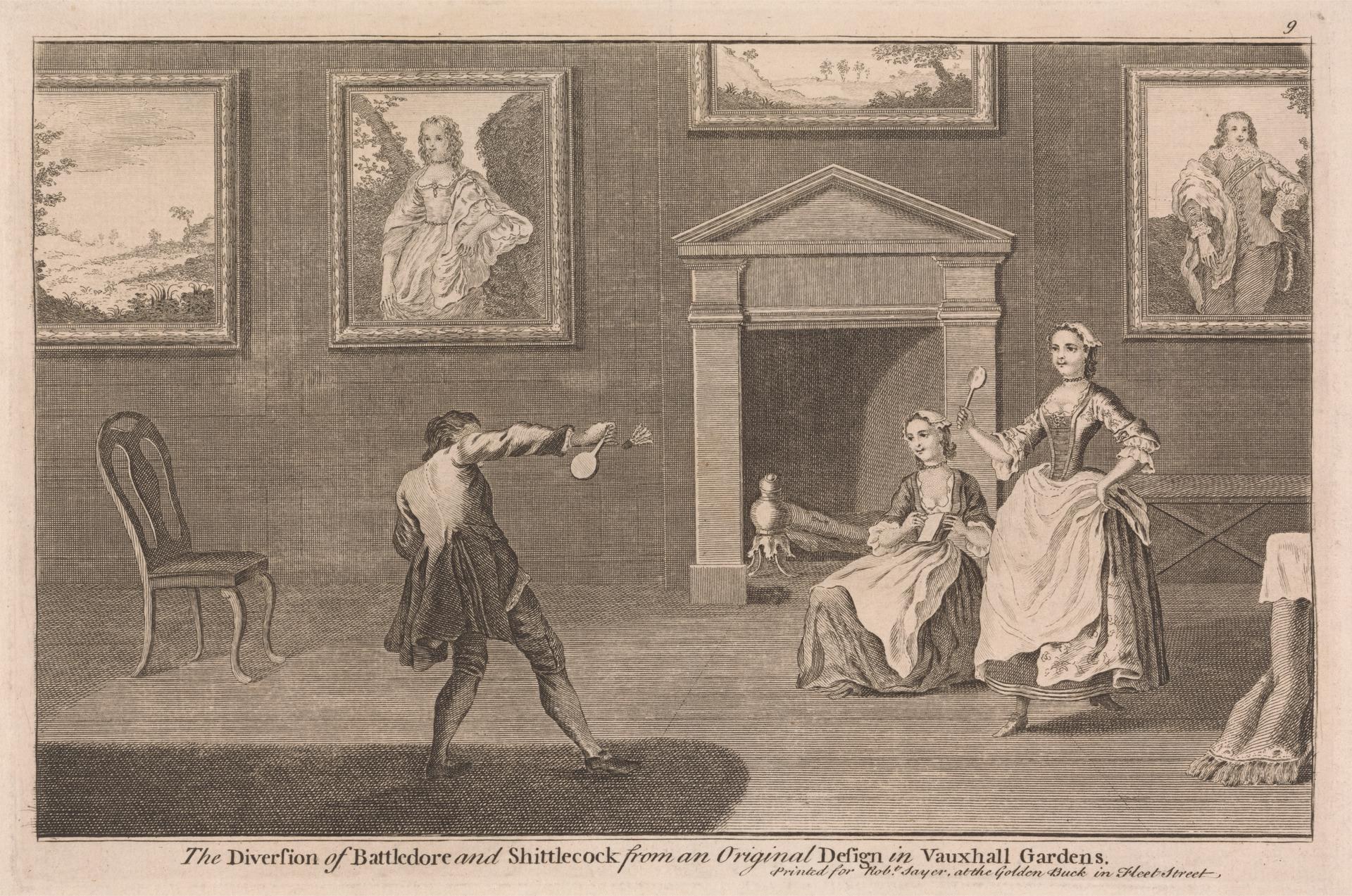 Zwei Personen spielen Tischtennis in einem Raum mit Kamin, Stühlen und gerahmten Fotos an der Wand; Text unten lautet "Die Abweichung von Battledore und Shuttlecock von einem Originaldesign in Vauxhall Gardens".