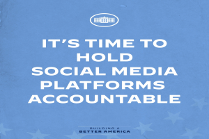 Plakat mit fetter schwarzer Schrift "Es ist an der Zeit, Social-Media-Plattformen zur Rechenschaft zu ziehen" in der Mitte auf weißem Hintergrund mit schmalem schwarzem Rahmen.
