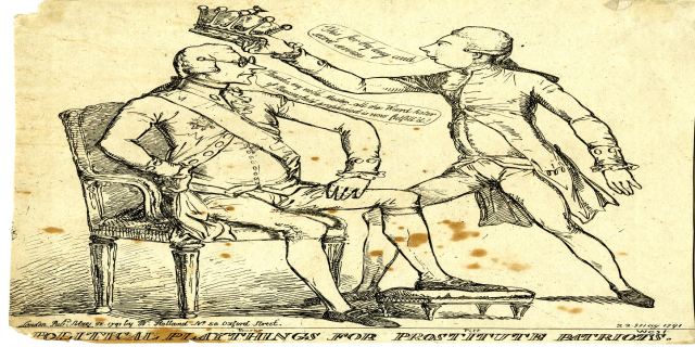 Ein Mann sitzt auf einem Stuhl mit einer Krone auf dem Kopf, neben ihm steht eine andere Person, und unten steht Text, der lautet: "Politische Spielzeuge für Prostituierte Patrioten."