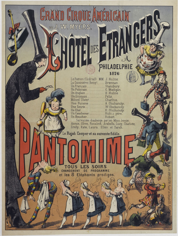Buntes Zirkuspapier aus altem Philadelphia, das eine Pantomime-Vorstellung mit Künstlern in leuchtenden Kostümen ankündigt.