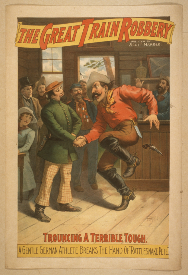 Ein Plakat, das eine Gruppe von Menschen zeigt, die drinnen stehen, einer hölt eine Waffe, mit Text oben und unten: "Der große Zugraub - Berührend ein Schreckliches Tough".