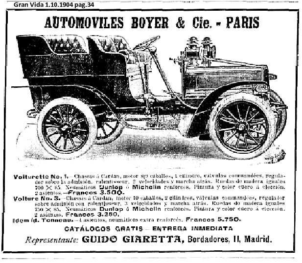 Schwarze und weiße Anzeige für ein altes Auto mit dem Text "Automoviles Boyer & Cie - Paris".
