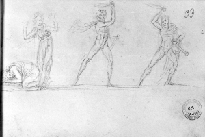 Drei Personen in einer Tanzpose, eine liegt auf dem Boden mit zwei stehenden, gezeichnet in realistischem Stil mit detaillierten Zügen und gedämpften Farben, mit einem Stempel, der angibt, dass es eine Tanzstudie ist.