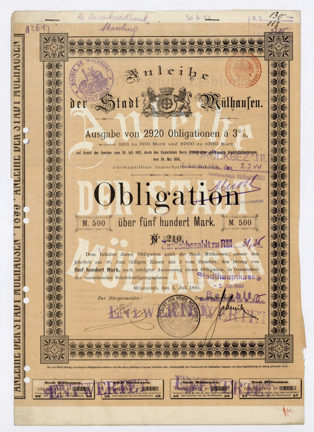 Altes deutsches Wertpapier mit weißem Hintergrund, Text und Stempeln, die eine Verpflichtung anzeigen.