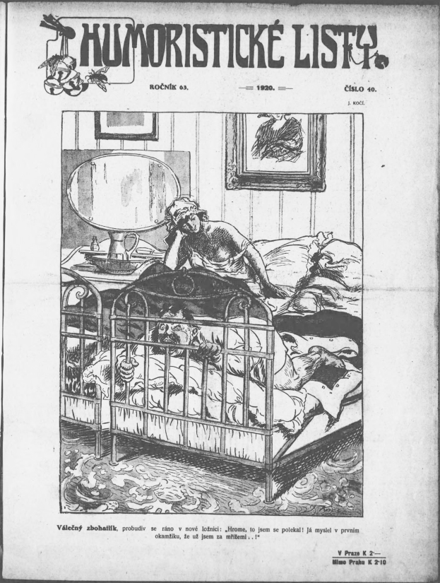 Schwarze und weiße Illustration einer Person, die auf einem Bett liegt, mit einem Spiegel auf einem nahen Tisch und einem Rahmen an der Wand, begleitet von Text, der "humoristicke list - czechoslovakia - april 20, 1920" an der Ober- und Unterseite des Bildes liest.