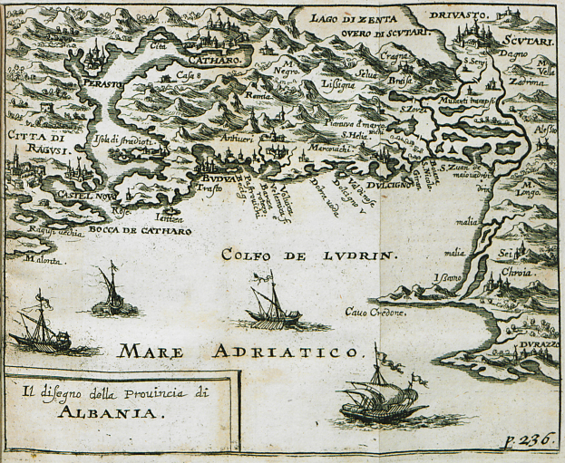 Eine alte Karte des Mittelmeerraums mit Booten im Vordergrund und Text, der weitere Informationen liefert.