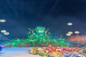 Ein farbenfroher Karneval in Rio de Janeiro, Brasilien, mit Menschen in bunten Kostümen auf der Bühne, einer großen Menge im Publikum und einem Himmel voller bunter Lichter und Ballons.